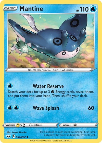Pokémon card: Mantine 052/202 from Sword & Shield base set (Uncommon), Water type, front of card
