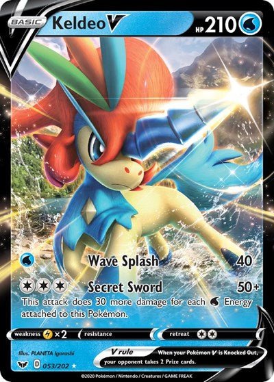 Pokémon card: Keldeo V 053/202 from Sword & Shield base set (Ultra Rare), Water type, front of card