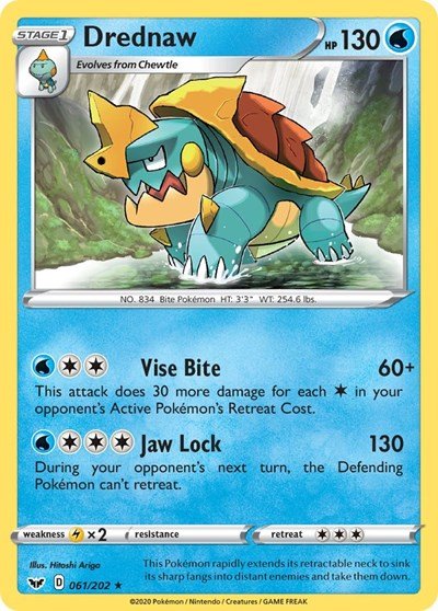 Pokémon card: Drednaw 061/202 from Sword & Shield base set (Rare), Water type, front of card