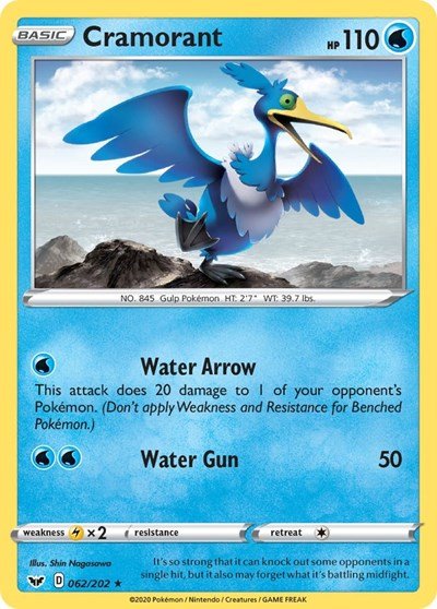 Pokémon card: Cramorant 062/202 from Sword & Shield base set (Rare), Water type, front of card