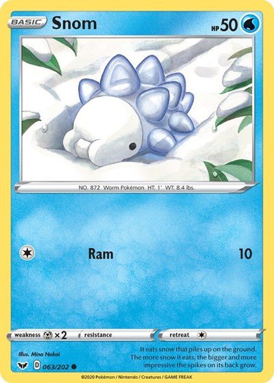 Pokémon card: Snom 063/202 from Sword & Shield base set (Common), Water type, front of card