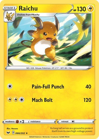 Pokémon card: Raichu 066/202 from Sword & Shield base set (Rare), Lightning type, front of card