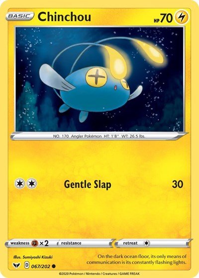 Pokémon card: Chinchou 067/202 from Sword & Shield base set (Common), Lightning type, front of card