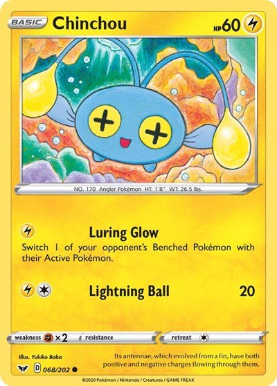 Pokémon card: Chinchou 068/202 from Sword & Shield base set (Common), Lightning type, front of card