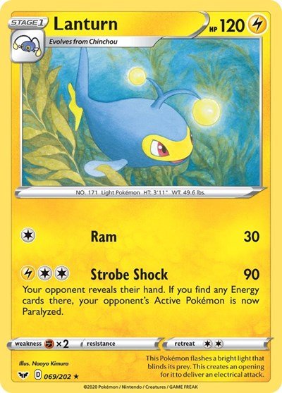 Pokémon card: Lanturn 069/202 from Sword & Shield base set (Rare), Lightning type, front of card