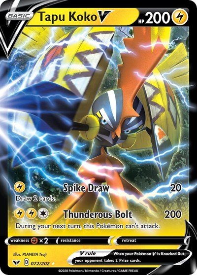 Pokémon card: Tapu Koko V 072/202 from Sword & Shield base set (Ultra Rare), Lightning type, front of card