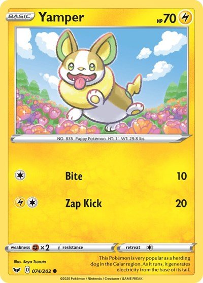 Pokémon card: Yamper 074/202 from Sword & Shield base set (Common), Lightning type, front of card