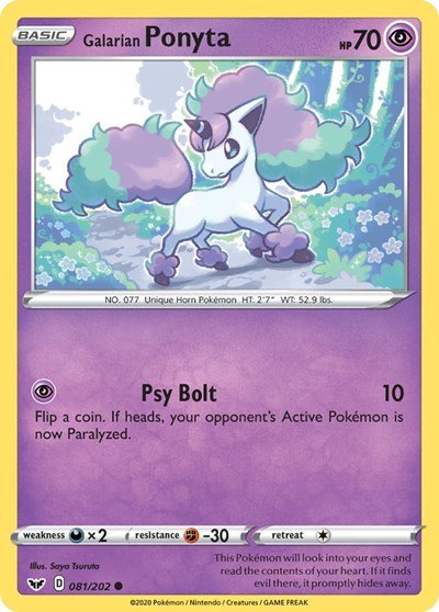 Pokémon card: Galarian Ponyta 081/202 from Sword & Shield base set (Common), Psychic type, front of card