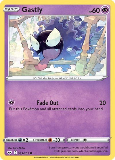 Pokémon card: Gastly 083/202 from Sword & Shield base set (Common), Psychic type, front of card