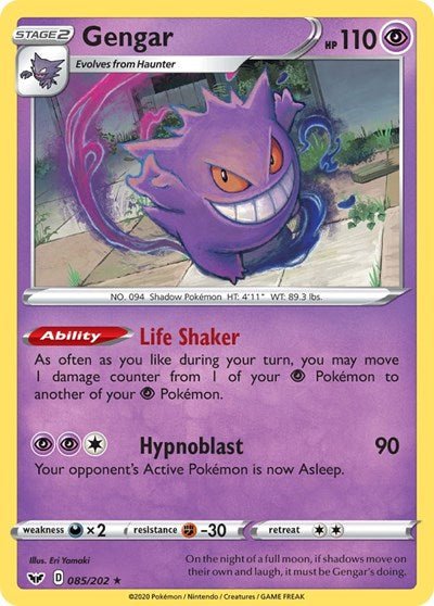 Pokémon card: Gengar 085/202 from Sword & Shield base set (Holo Rare), Psychic type, front of card