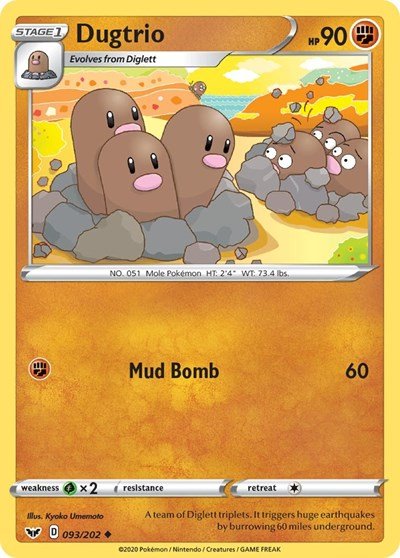 Pokémon card: Dugtrio 093/202 from Sword & Shield base set (Uncommon), Fighting type, front of card