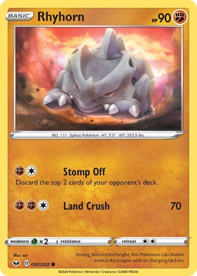 Pokémon card: Rhyhorn 097/202 from Sword & Shield base set (Common), Fighting type, front of card