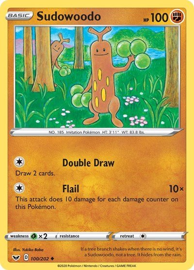 Pokémon card: Sudowoodo 100/202 from Sword & Shield base set (Uncommon), Fighting type, front of card