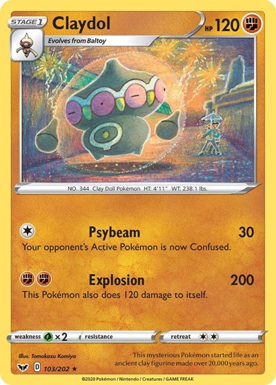 Pokémon card: Claydol 103/202 from Sword & Shield base set (Rare), Fighting type, front of card