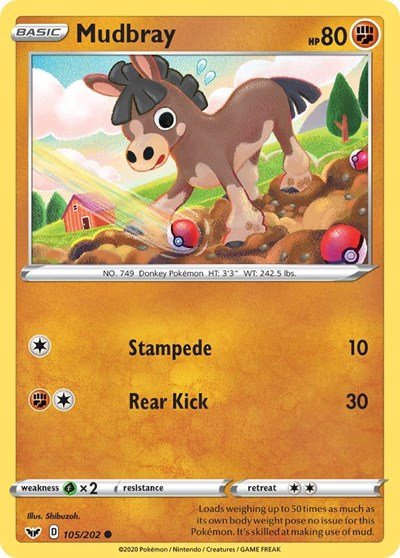 Pokémon card: Mudbray 105/202 from Sword & Shield base set (Common), Fighting type, front of card