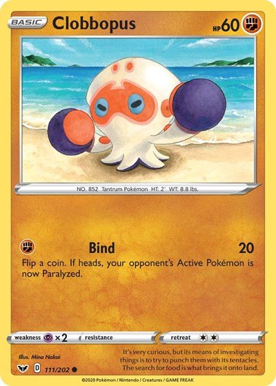 Pokémon card: Clobbopus 111/202 from Sword & Shield base set (Common), Fighting type, front of card