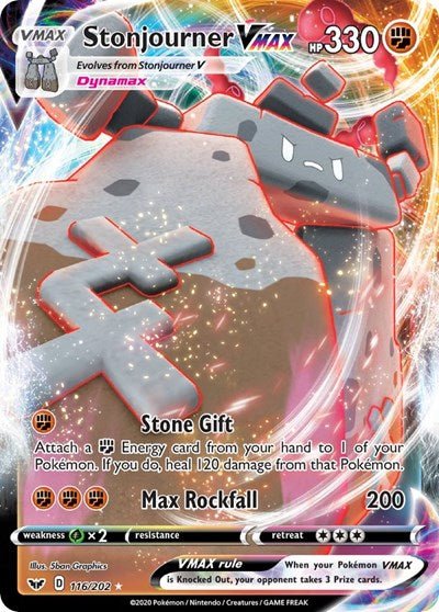 Pokémon card: Stonjourner VMAX 116/202 from Sword & Shield base set (Ultra Rare), Fighting type, front of card