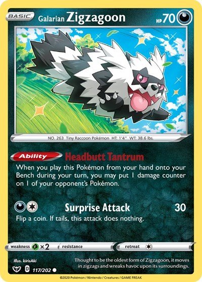 Pokémon card: Galarian Zigzagoon 117/202 from Sword & Shield base set (Common), Darkness type, front of card