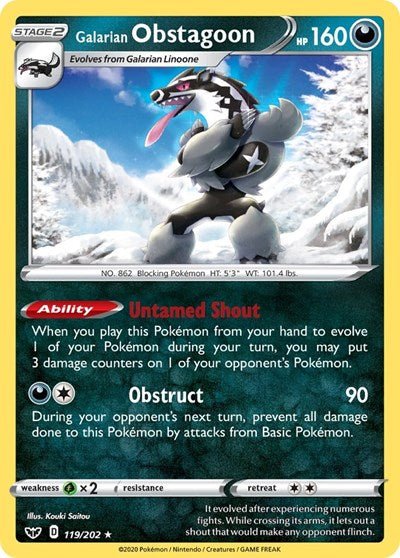 Pokémon card: Galarian Obstagoon 119/202 from Sword & Shield base set (Holo Rare), Darkness type, front of card