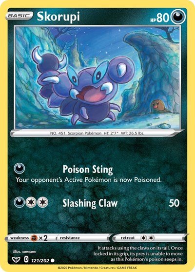 Pokémon card: Skorupi 121/202 from Sword & Shield base set (Common), Darkness type, front of card