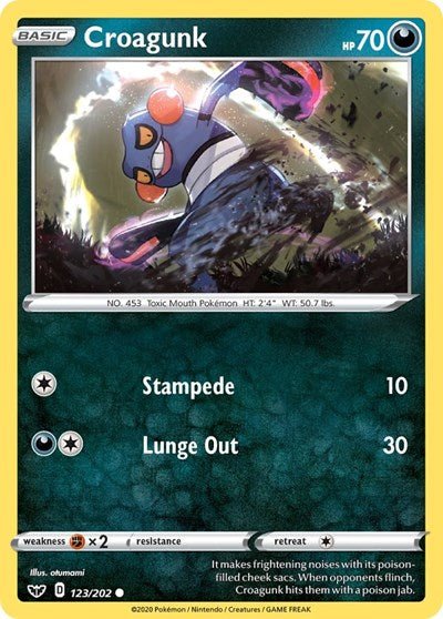 Pokémon card: Croagunk 123/202 from Sword & Shield base set (Common), Darkness type, front of card