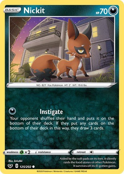 Pokémon card: Nickit 125/202 from Sword & Shield base set (Common), Darkness type, front of card