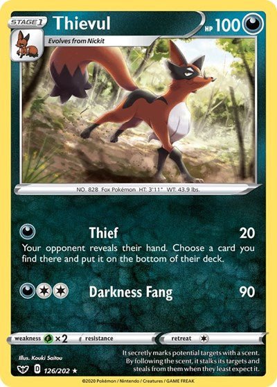 Pokémon card: Thievul 126/202 from Sword & Shield base set (Rare), Darkness type, front of card