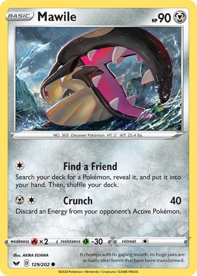 Pokémon card: Mawile 129/202 from Sword & Shield base set (Common), Metal type, front of card