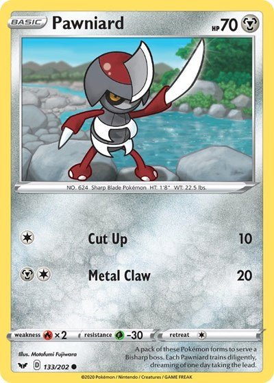 Pokémon card: Pawniard 133/202 from Sword & Shield base set (Common), Metal type, front of card