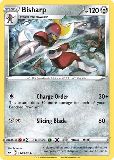 Pokémon card: Bisharp 134/202 from Sword & Shield base set (Uncommon), Metal type, front of card