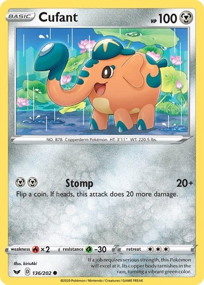 Pokémon card: Cufant 136/202 from Sword & Shield base set (Common), Metal type, front of card
