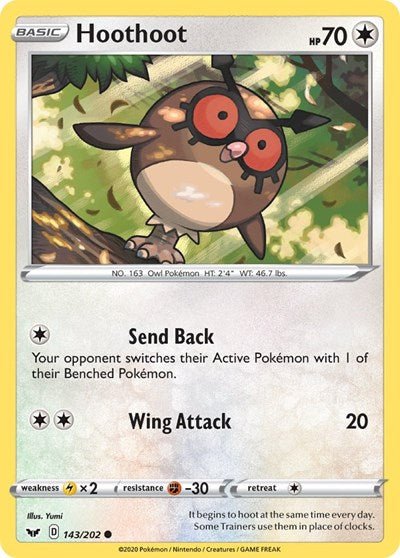 Pokémon card: Hoothoot 143/202 from Sword & Shield base set (Common), Colorless type, front of card