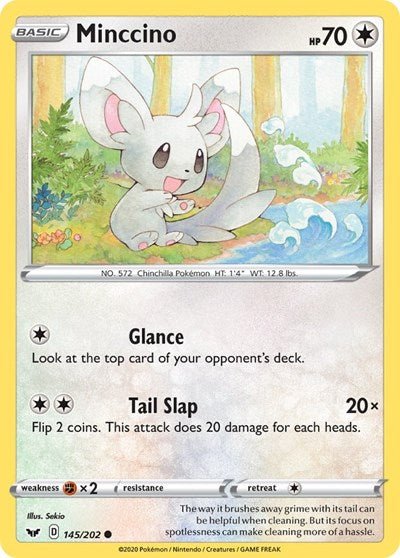 Pokémon card: Minccino 145/202 from Sword & Shield base set (Common), Colorless type, front of card