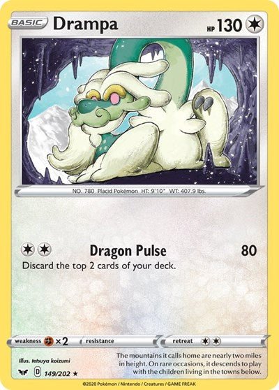Pokémon card: Drampa 149/202 from Sword & Shield base set (Rare), Colorless type, front of card