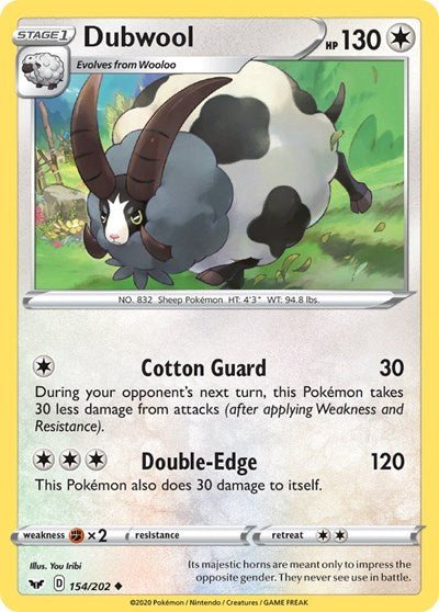 Pokémon card: Dubwool 154/202 from Sword & Shield base set (Uncommon), Colorless type, front of card