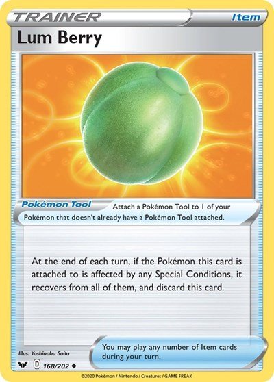 Pokémon card: Lum Berry 168/202 from Sword & Shield base set (Uncommon), front of card