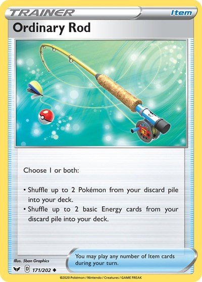 Pokémon card: Ordinary Rod 171/202 from Sword & Shield base set (Uncommon), front of card