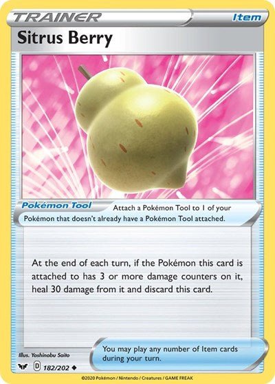Pokémon card: Sitrus Berry 182/202 from Sword & Shield base set (Uncommon), front of card