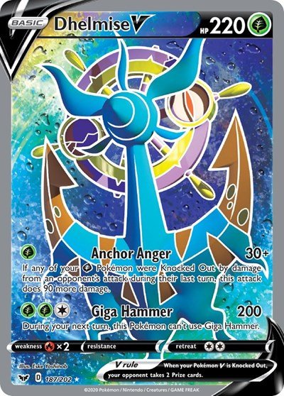 Pokémon card: Dhelmise V (Full Art) 187/202 from Sword & Shield base set (Ultra Rare), Grass type, front of card