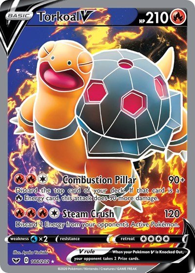 Pokémon card: Torkoal V (Full Art) 188/202 from Sword & Shield base set (Ultra Rare), Fire type, front of card