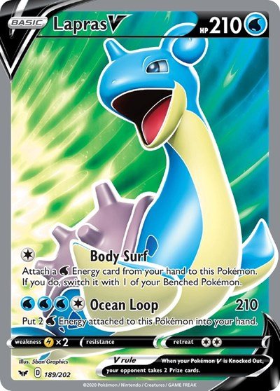 Pokémon card: Lapras V (Full Art) 189/202 from Sword & Shield base set (Ultra Rare), Water type, front of card