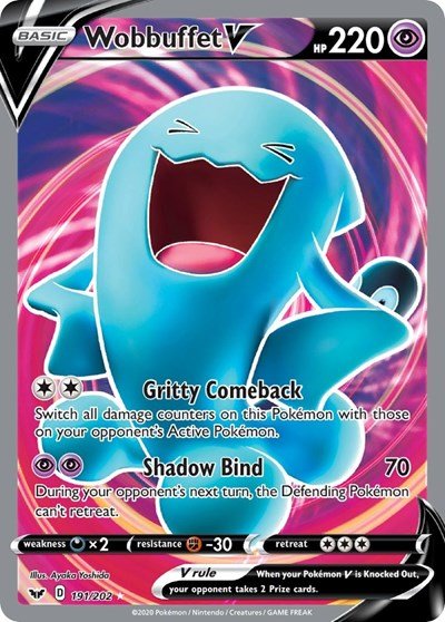 Pokémon card: Wobbuffet V (Full Art) 191/202 from Sword & Shield base set (Ultra Rare), Psychic type, front of card