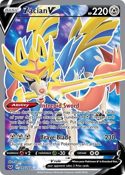 Pokémon card: Zacian V (Full Art) 195/202 from Sword & Shield base set (Ultra Rare), Metal type, front of card