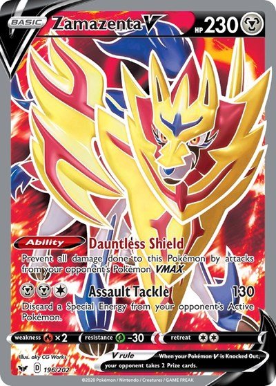 Pokémon card: Zamazenta V (Full Art) 196/202 from Sword & Shield base set (Ultra Rare), Metal type, front of card