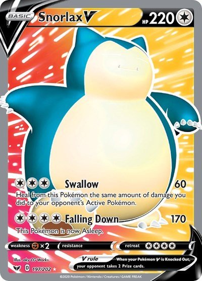 Pokémon card: Snorlax V (Full Art) 197/202 from Sword & Shield base set (Ultra Rare), Colorless type, front of card