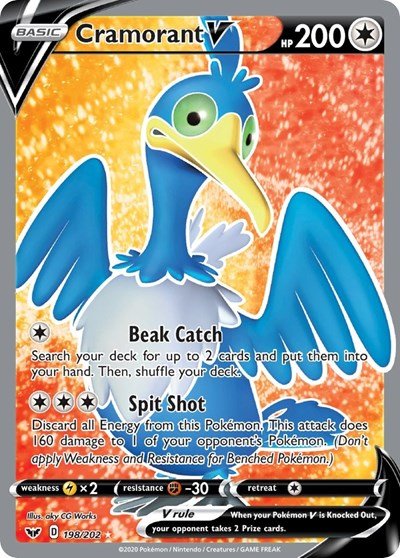 Pokémon card: Cramorant V (Full Art) 198/202 from Sword & Shield base set (Ultra Rare), Colorless type, front of card
