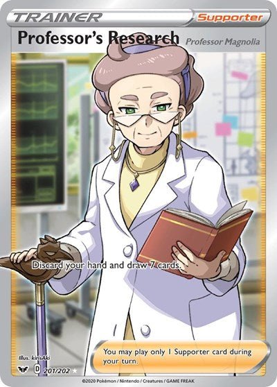 Pokémon card: Professor's Research (Full Art) 201/202 from Sword & Shield base set (Ultra Rare), front of card