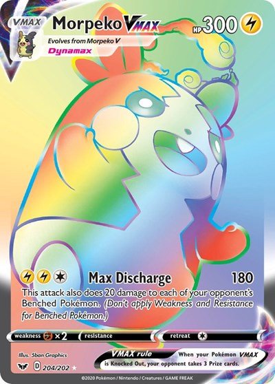 Pokémon card: Morpeko VMAX 204/202 from Sword & Shield base set (Secret Rare), Lightning type, front of card