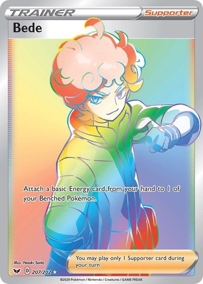 Pokémon card: Bede 207/202 from Sword & Shield base set (Secret Rare), front of card