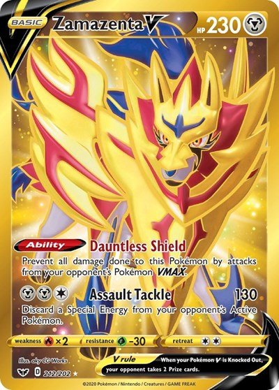 Pokémon card: Zamazenta V 212/202 from Sword & Shield base set (Secret Rare), Metal type, front of card
